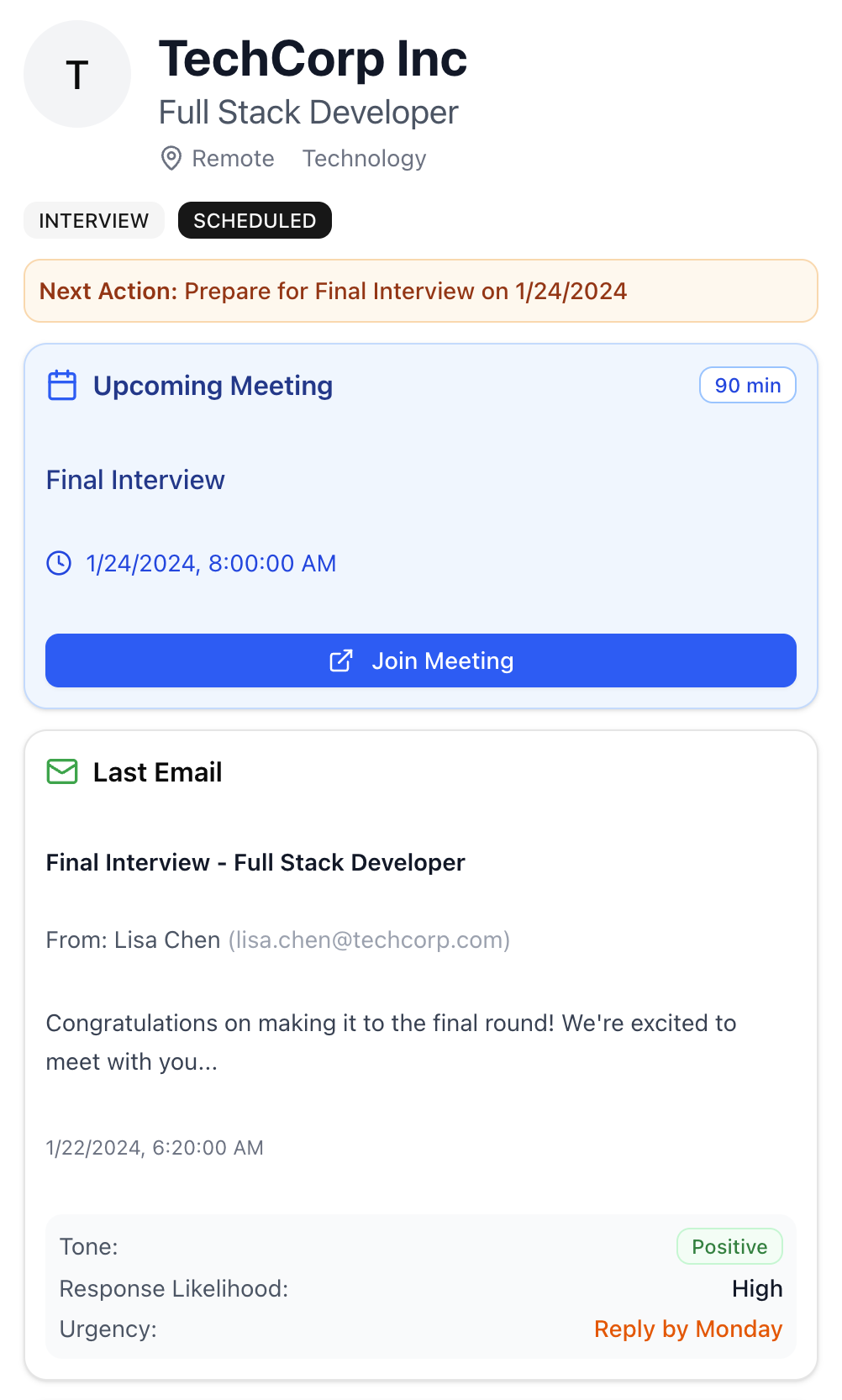 TechCorp Inc job detail showing scheduled final interview with upcoming meeting and last email from Lisa Chen