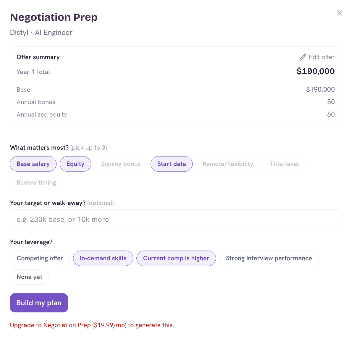 Guildy negotiation prep: company-tailored script, leverage analysis and walk-away math