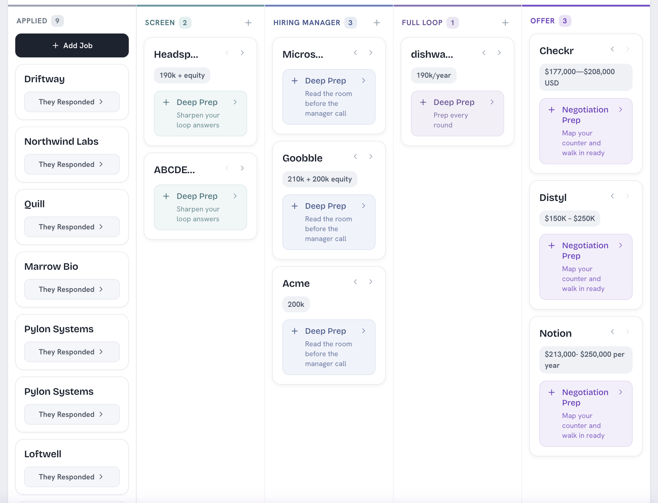 Guildy job tracker kanban: Applied, Screen, Hiring Manager, Full Loop and Offer columns